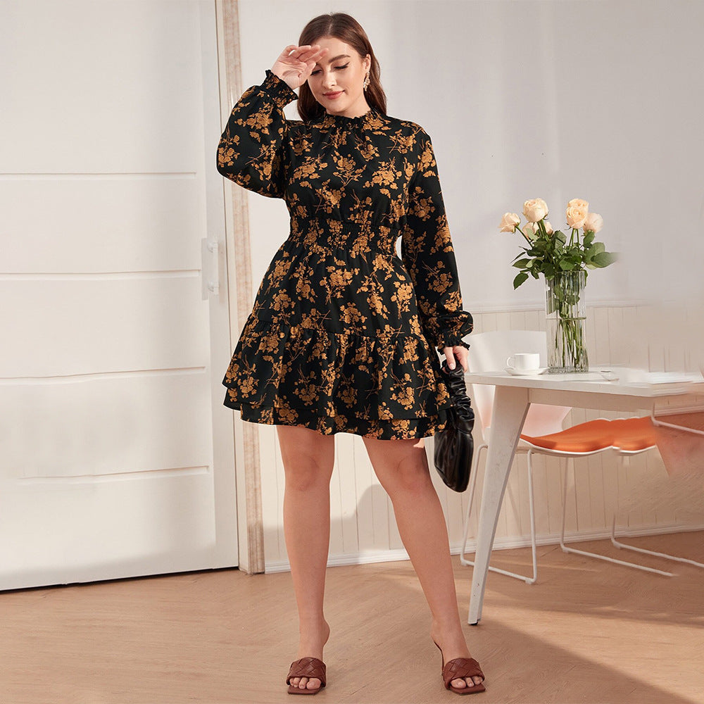 Turtleneck Puff Sleeve Ruffled Floral Dress