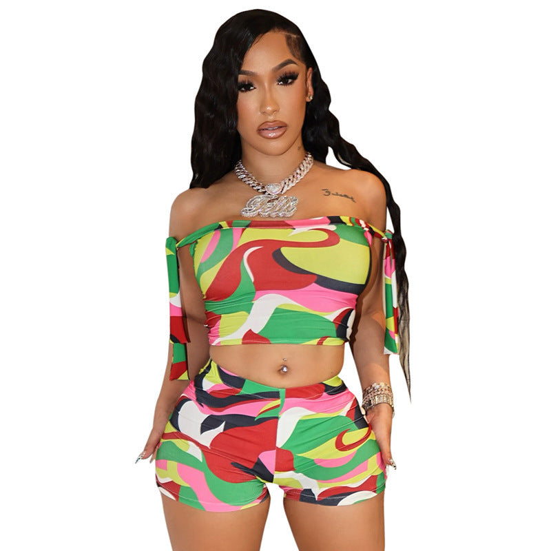 Color Floral-print Off-shoulder Tied Top Tight Shorts Two-piece Suit